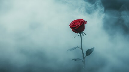 Single red rose enveloped in a dreamy mist, creating a serene, romantic atmosphere with timeless beauty.