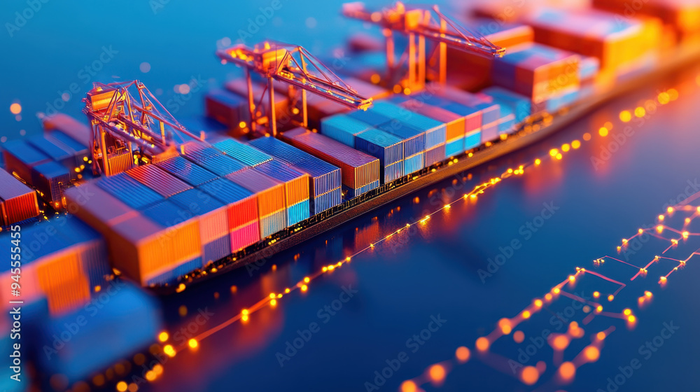 Poster container ship loaded with colorful cargo containers docked at a port under artificial lighting, ref