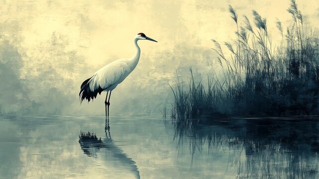 A vintage-style illustration of a solitary crane standing gracefully by a still pond, with its reflection mirrored in the water, surrounded by tall reeds