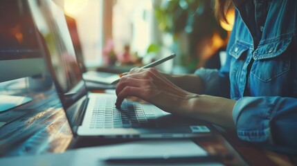 Woman Working on Laptop in a Creative Office Space