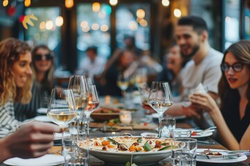 Dinner with friends Photo of a cheerful friends during the dinner party in an outdoors bistro; people are in background and out of focus