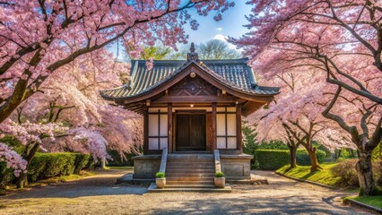 Fototapeta premium Secluded shrine surrounded by cherry blossoms in a peaceful setting, cherry blossoms, canopy, shrine, sanctuary, peace, tranquil