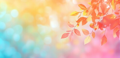 Fototapeta premium Colorful Autumn Leaves with Blurred Sky and Vibrant Background. Serene Fall Atmosphere with Copy Space for Text. Autumn Scene