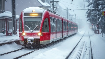 Red train travels in a valley covered by heavy snow in background on a sunny winter day