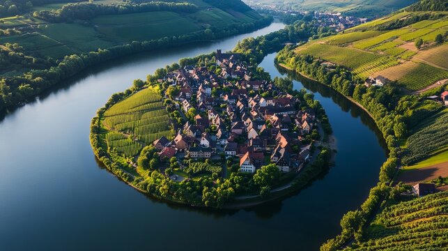 An aerial view of the Moselle River winding through Bremm, Germany, highlighting the scenic river curves, lush vineyards, and picturesque village nestled along the riverbanks.
