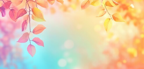 Fototapeta premium Colorful Autumn Leaves with Blurred Sky and Vibrant Background. Serene Fall Atmosphere with Copy Space for Text. Autumn Scene