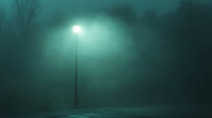 Solitary street light glowing faintly through dense fog, creating a moody, atmospheric scene of quiet isolation.