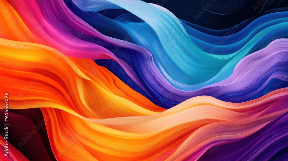 Poster abstract flowing wave patterns in vibrant colors creating a sense of motion and energy against a dar