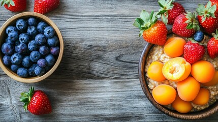 A breakfast spread featuring porridge topped with strawberries, blueberries, and apricots, arranged on a wooden table, showcasing a wholesome and colorful start to the day.