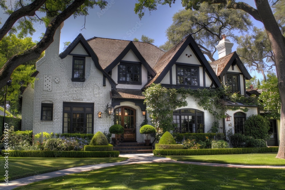 Poster a beautiful large white house with black trim and windows, suitable for various themes and uses