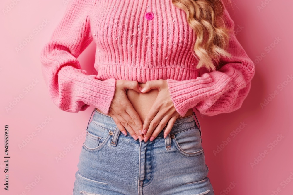 Poster A woman makes a heart shape with her hands wearing a pink sweater