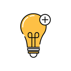 Bulb and plus icon yellow black line color, editable stroke for mobile banking Flat design icon