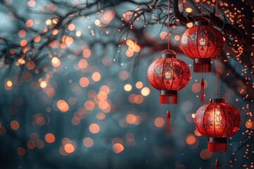 Fototapeta premium Festive Chinese New Year celebration poster, traditional symbols, bright and colorful