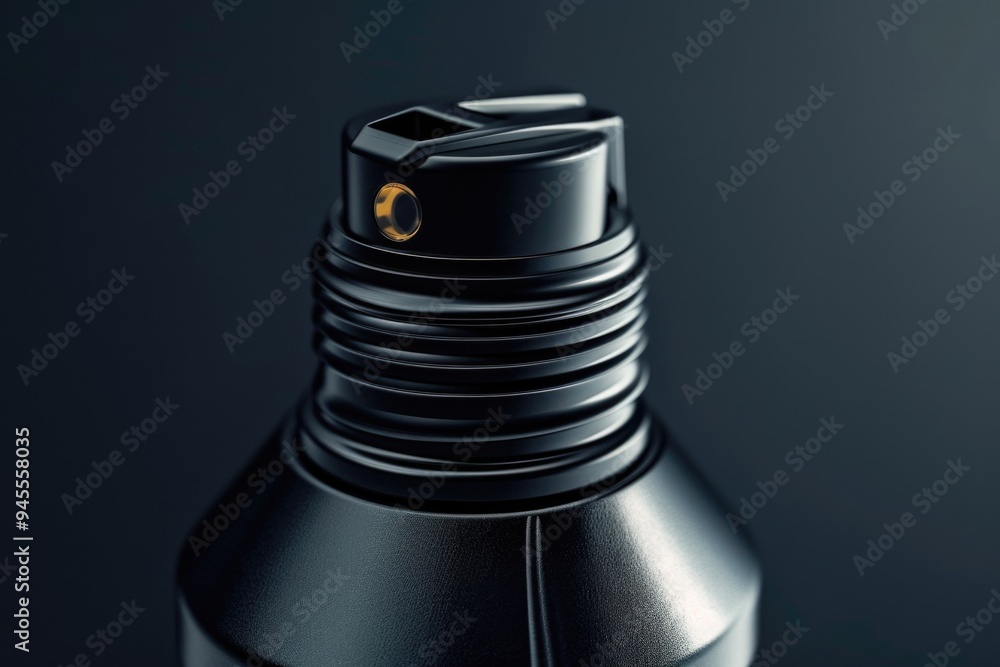 Poster a close-up shot of a black perfume bottle with a simple and elegant design