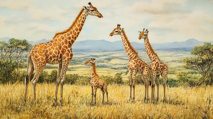 A giraffe family, featuring a majestic giraffe mother, father, and their young, together in their natural habitat, showcasing their distinctive long necks and gentle demeanor.