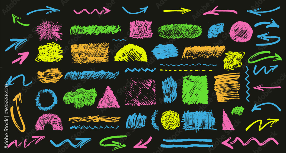 Poster big set of highlighter marks strokes arrows vector. arrows, strokes drawn with marker. grunge paint 