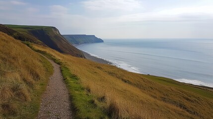 Hiking the National Trail UK Coast to Coast route, from St Bees to Robin Hood's Bay, traversing diverse landscapes and enjoying scenic views across the English countryside.