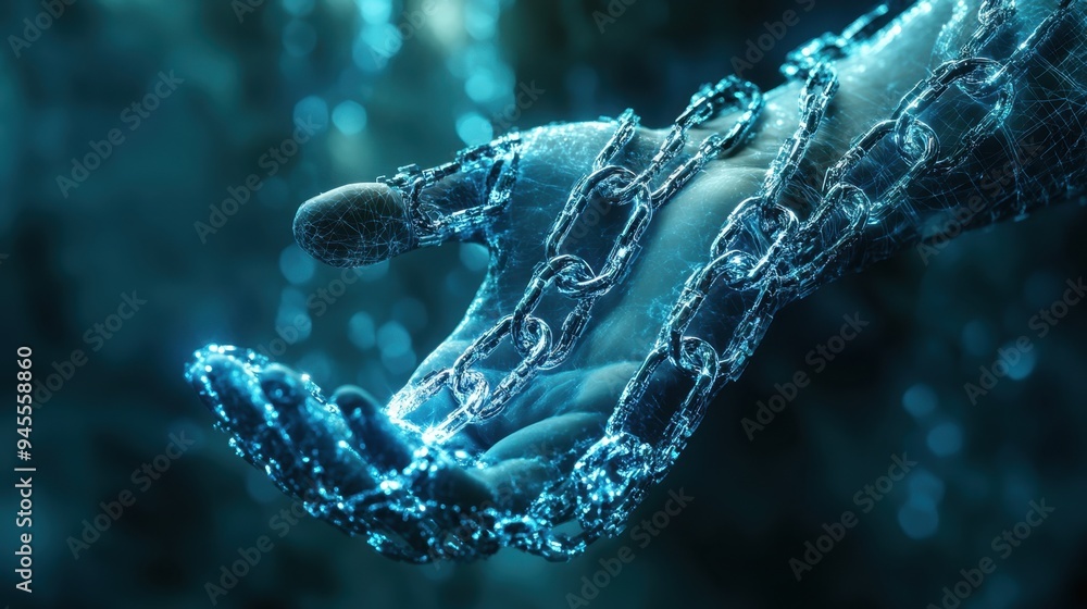 Poster surreal digital chains coiled around a virtual hand, representing the duality of protection and rest