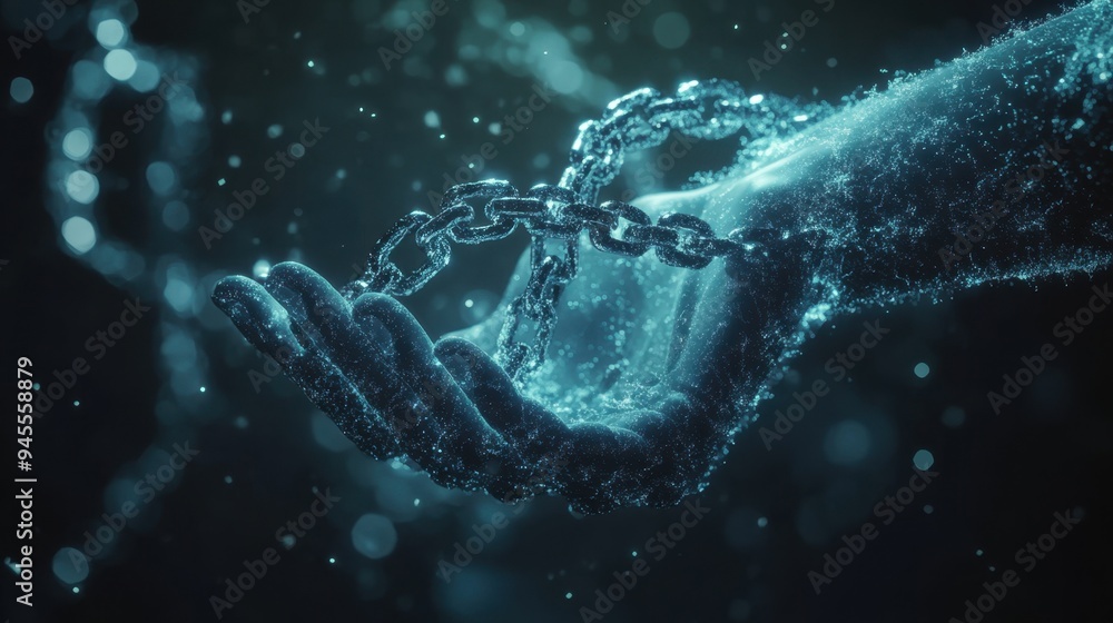 Poster surreal digital chains coiled around a virtual hand, representing the duality of protection and rest