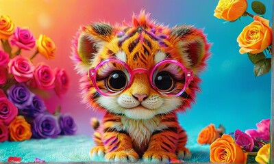 Obraz premium Cute Tiger Cub with Colorful Glasses