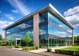 Naklejka premium Sleek modern architecture dominates the suburban business park's landscape, its glass and steel facade glistening in the sun, a beacon of professionalism and innovation.