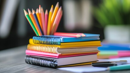 Fototapeta premium A stack of notebooks and pencils arranged together, representing essential school supplies for students and schoolchildren.