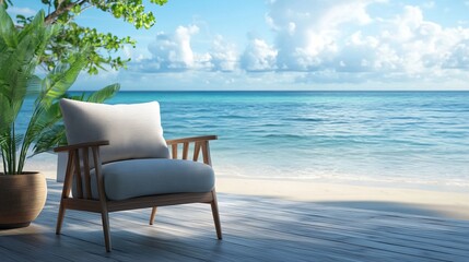 Fototapeta premium A pillow on a chair or sofa lounge in an outdoor patio, offering a stunning view of the sea or ocean beach. 