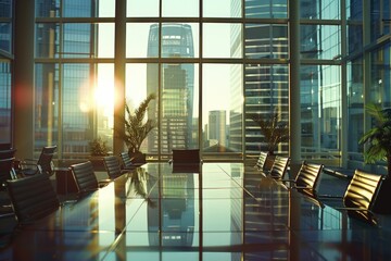 A modern conference room with a large window offering a view of the city skyline