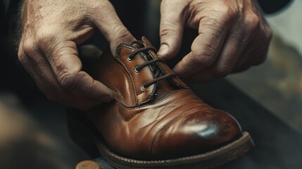 Close-up of hands stitching a torn shoe, with realistic attention to the needle, thread, and leather in a cobbler workshop.