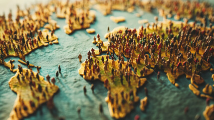 A map of the world is populated with many small human figures, symbolizing global population and diversity.
