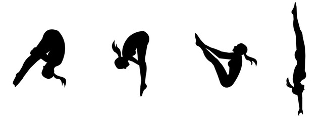 Vector set silhouette of swimming. Artistic swimming, water sport, diving. Isolated background. Vector illustration.