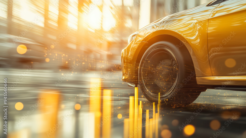 Poster a dynamic close-up of a yellow car driving fast in a city, surrounded by glowing data streams and mo