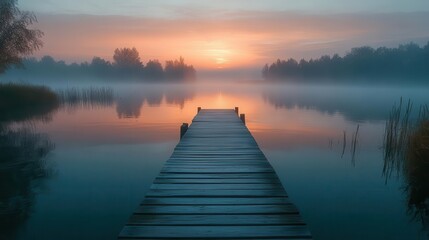 Fototapeta premium tranquil lakeside wooden dock at dawn misty water surface reflecting pastel sky minimalist composition zenlike serenity nature escape