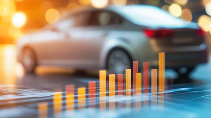 A blurred silver car in the background with a superimposed digital bar graph indicating growth, symbolizing automotive industry data analytics or market performance.