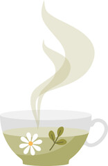A steaming cup of herbal tea with a daisy and leaves, symbolizing natural wellness.