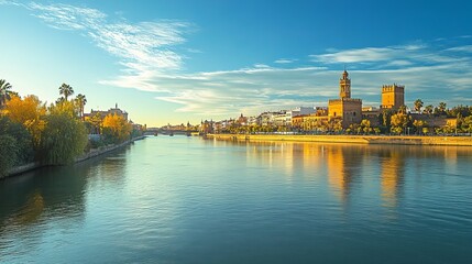 A scenic view of downtown Seville, Spain, with the Guadalquivir River Promenade in the foreground, showcasing the vibrant cityscape, historic architecture, and the serene flow of the river.