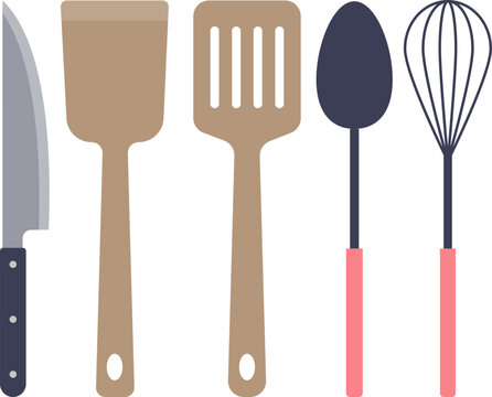 Vector illustration of essential kitchen utensils including a knife, spatula, slotted turner, spoon, and whisk.