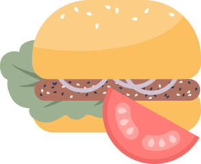 Illustration of a vegan burger with a plant-based patty, lettuce, onions, and tomato slice.