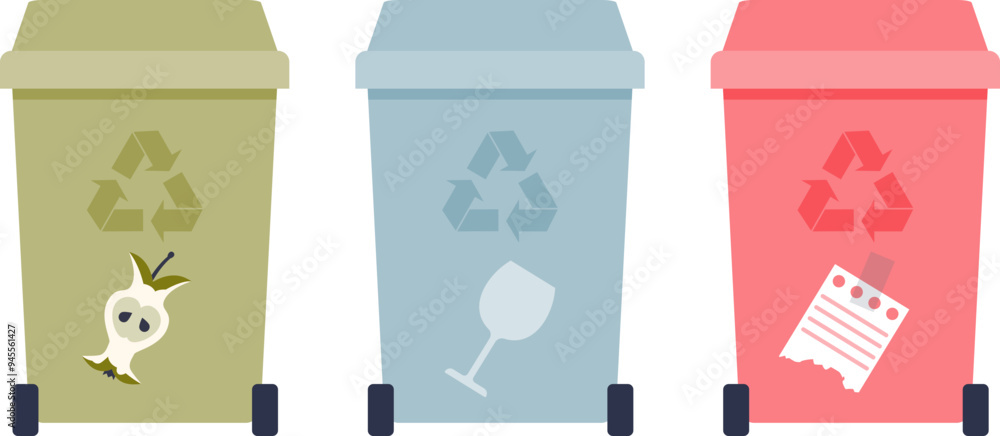 Poster three colorful recycle bins with recycle symbols, promoting waste sorting and environmental responsi