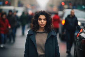 Obraz premium A woman in a black coat stands in the middle of a busy street