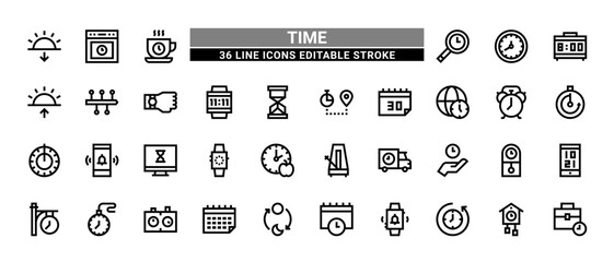 36 Time Line Icons Set Pack Editable Stroke Vector Illustration.