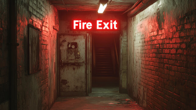Dimly lit, eerie corridor leading to a fire exit with a glowing red sign and worn-down walls.