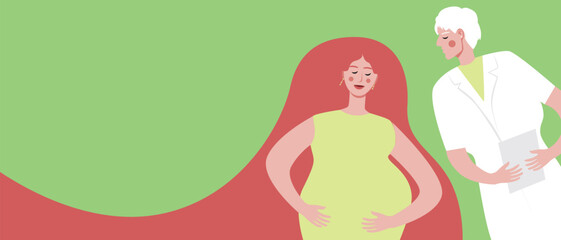 Consultation with a gynecologist of a pregnant woman, flat vector stock illustration or copy space template with space for text
