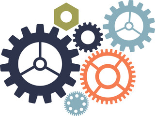 Assorted colorful gears interlocking, symbolizing teamwork and mechanical concepts.