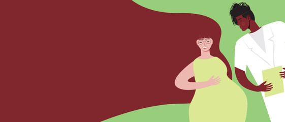 Consultation with a gynecologist of a pregnant woman, flat vector stock illustration or copy space template for overlay and design