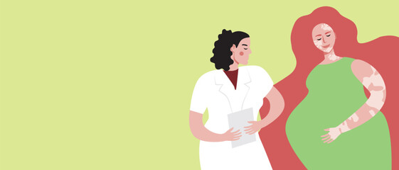 Gynecologist doctor in clinic with pregnant woman with vitiligo, flat vector stock illustration or copy space