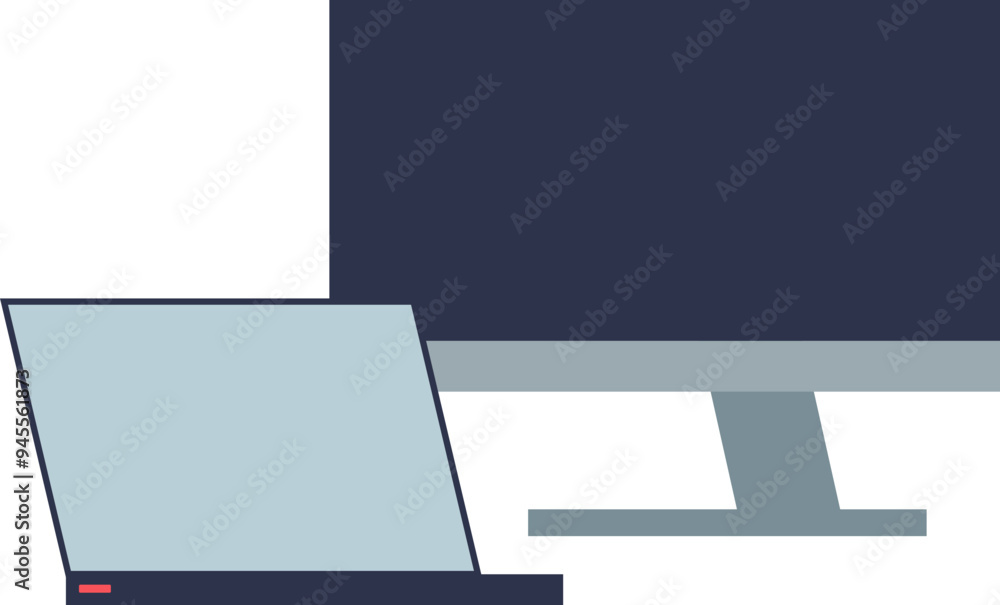 Poster minimalist design of an open laptop next to a monitor, symbolizing a modern workspace.