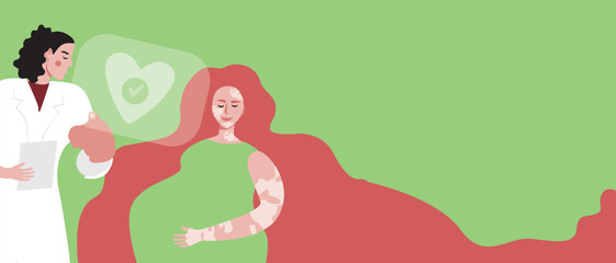 Modern online pregnancy management, flat vector stock illustration or copy space template of a pregnant woman with vitiligo and gynecologist doctor