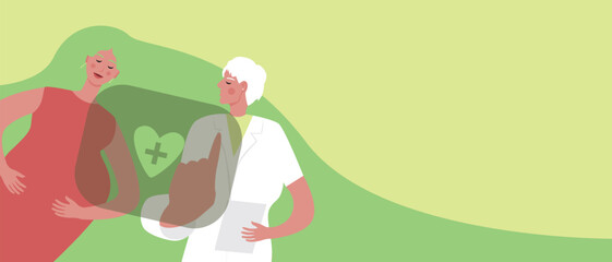 Modern online pregnancy management, flat vector stock illustration or copy space template of an adult pregnant woman and a gynecologist doctor