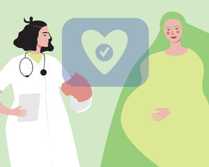 Modern pregnancy management, flat vector stock illustration with pregnant woman, doctor and halogram